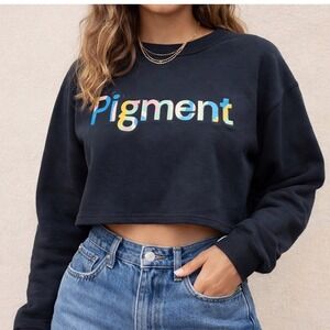 Pigment Black Crewneck Sweatshirt Embroidered Graphic Long Sleeve V4 Art Top